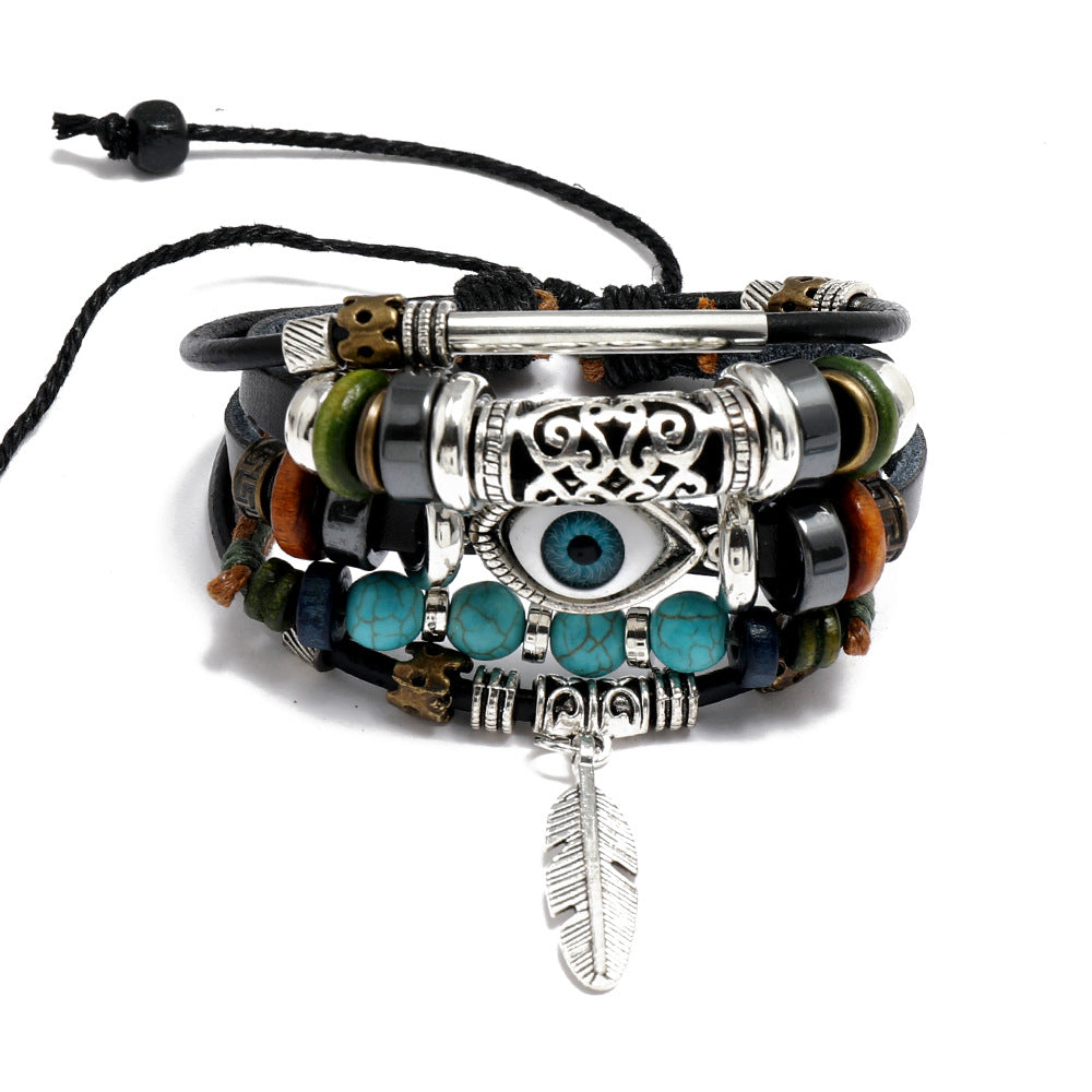 Wholesale Woven Leather Beaded Bracelet With Alloy Feather Pendant Unisex Party Fashion Jewelry Accessory For Gift Giving