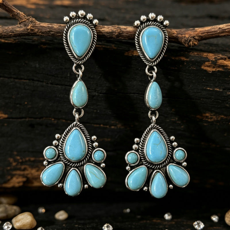 Wholesale Silver Electroplated Alloy Turquoise Teardrop Earrings Retro Bohemian Fashion Jewelry Accessory For Boutique Resale Gift