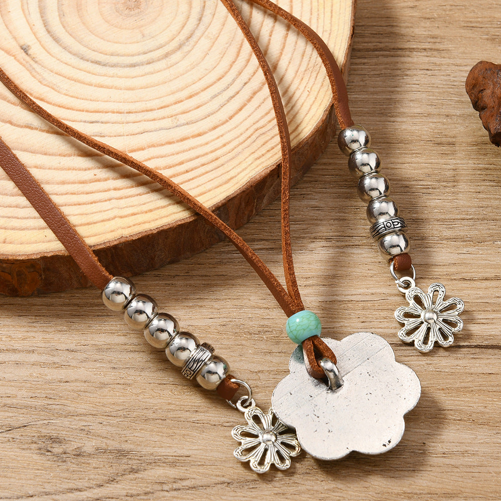 Wholesale PU leather vintage turquoise flower necklace