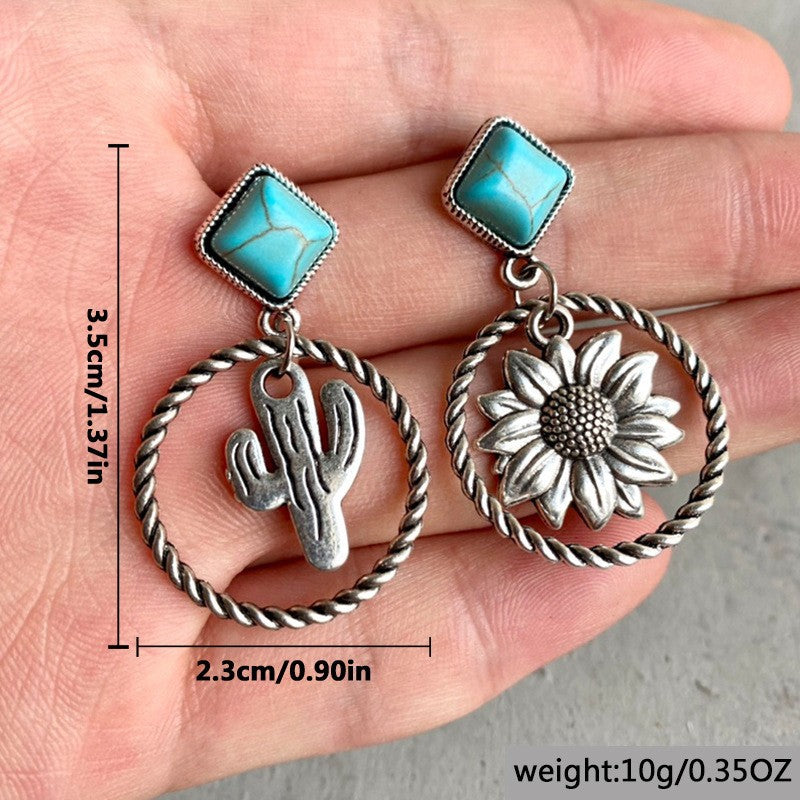 Wholesale Western Bohemian Ethnic Style  Cactus Alloy Pine Stone Earrings