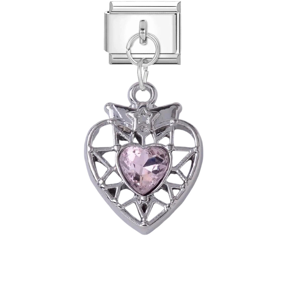Wholesale DIY Bracelet Charms Pink Crystal Heart Wand Pendant Silver Edge Titanium Steel Jewelry Accessory For Casual Gift