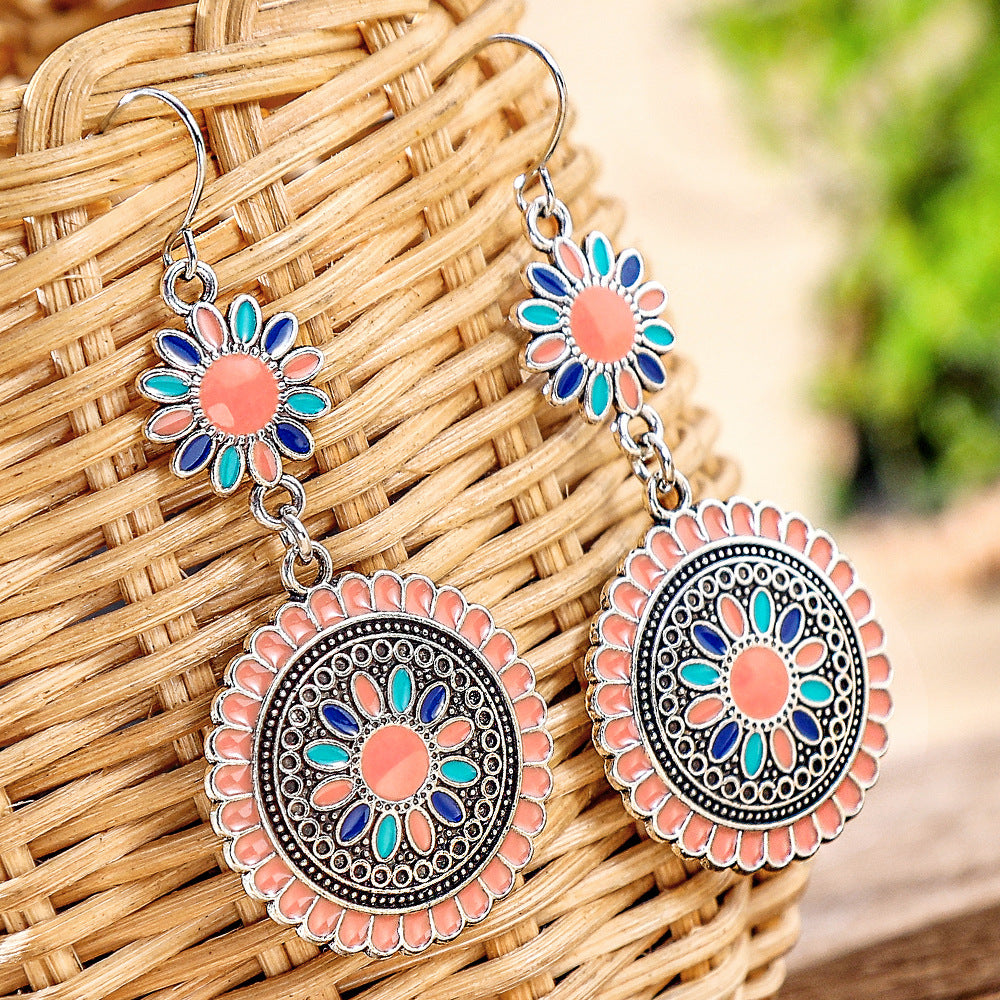 Wholesale Retro Sunflower Oil Drip Earrings - Zinc Alloy Jewelry Accessory for Party