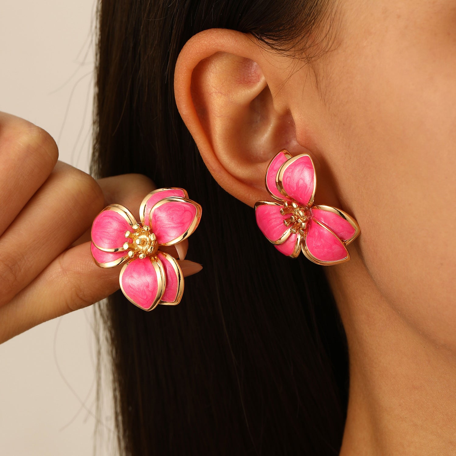 Wholesale Stylish Flower Earrings For Women Double Layer Petal Colorful Dripping Oil Zinc Alloy Everyday Jewelry Accessory