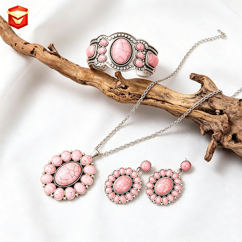 Wholesale Electroplated Alloy Retro Bohemian Turquoise Women' s Jewelry Set - Earrings,  Open Ring &  Necklace,  Fashion Accessory