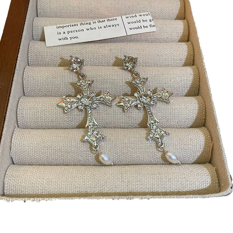 Wholesale Zircon Cross Earrings With Pearl Drop Retro Chic Everyday Wear For Women