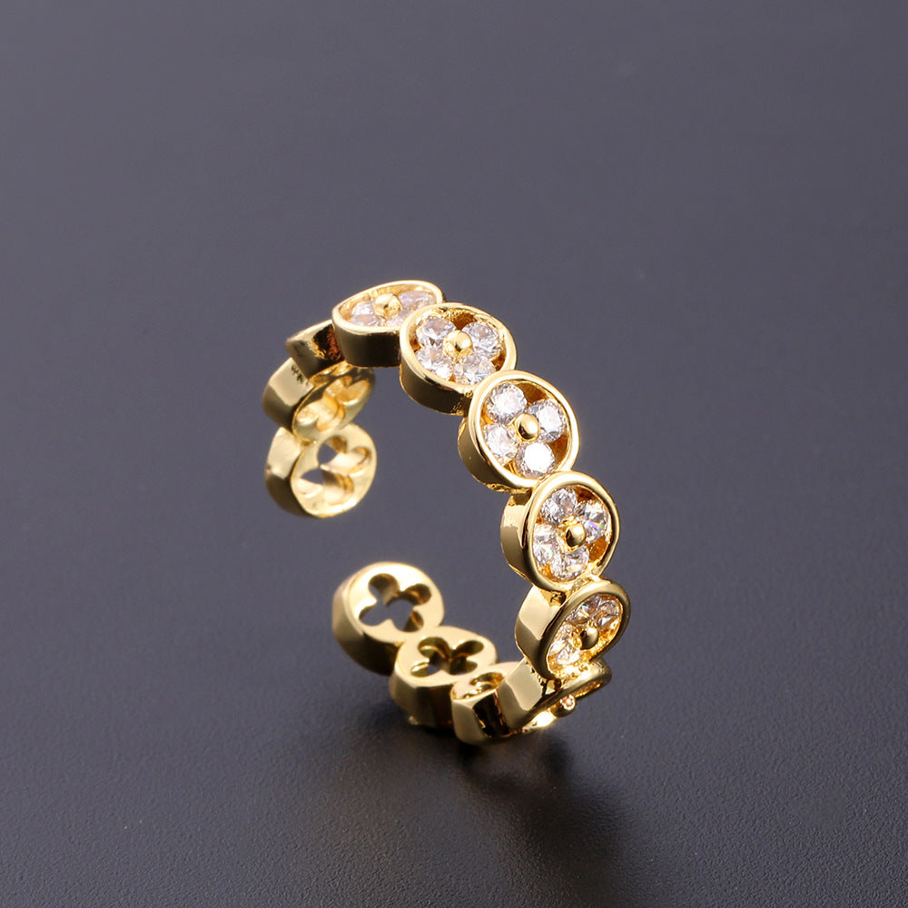 Wholesale European Fashion Sparkling Gold Plated Copper Zircon Open Ring Geometric Chic Jewelry Accessory Gift