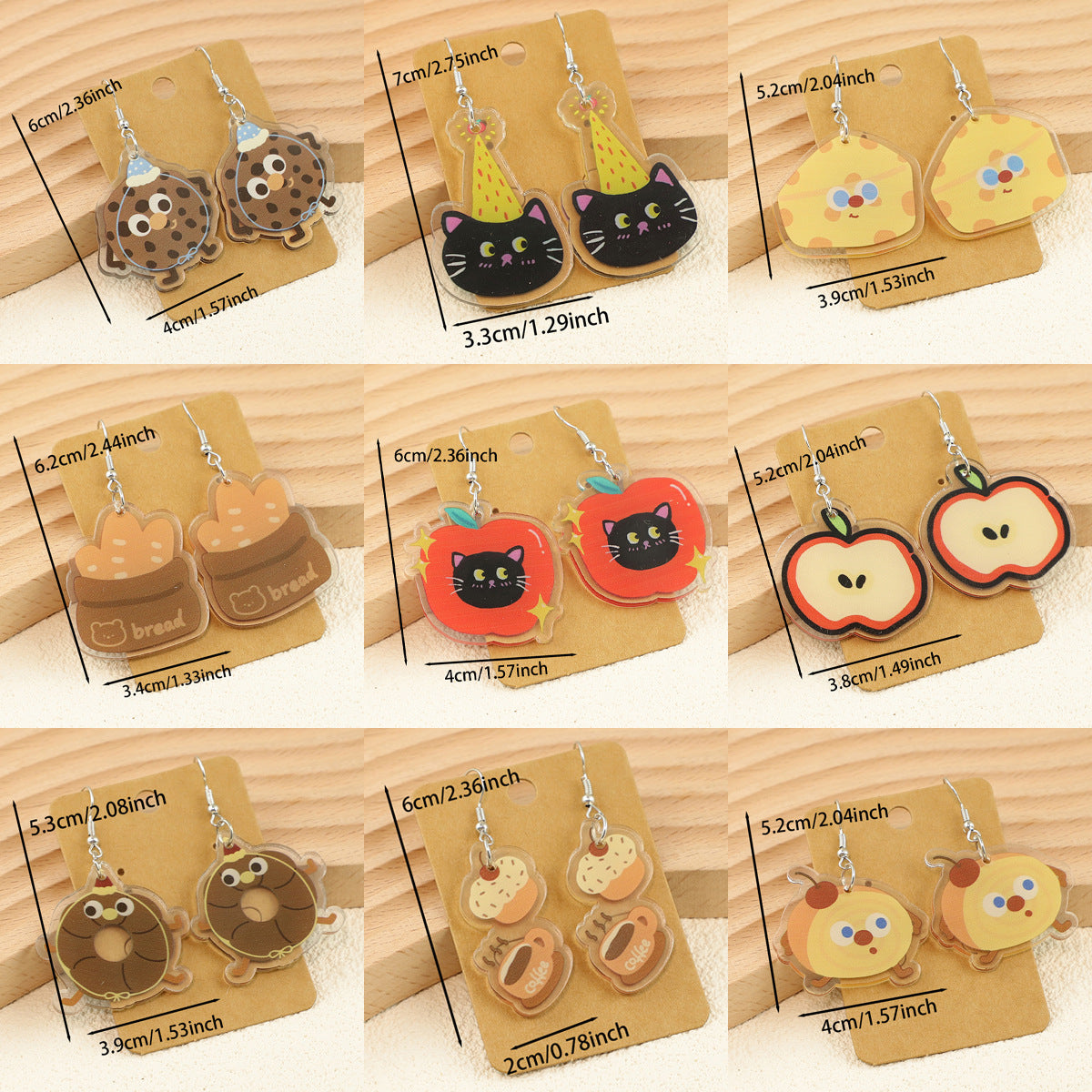 Wholesale Cartoon bread cake big eyes fruit apple cat acrylic earrings