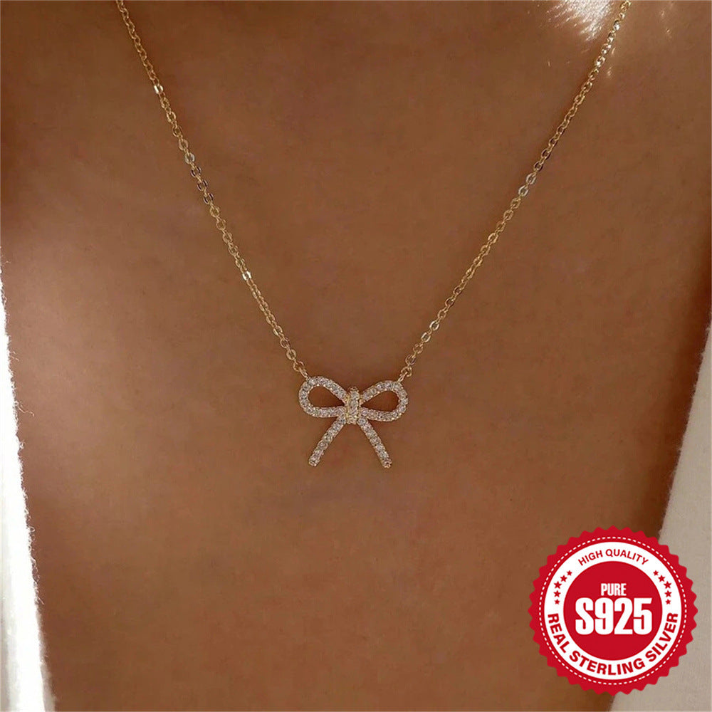 Wholesale S925 Sterling Silver Bow Diamond Street Shot Trendy Clavicle Necklace
