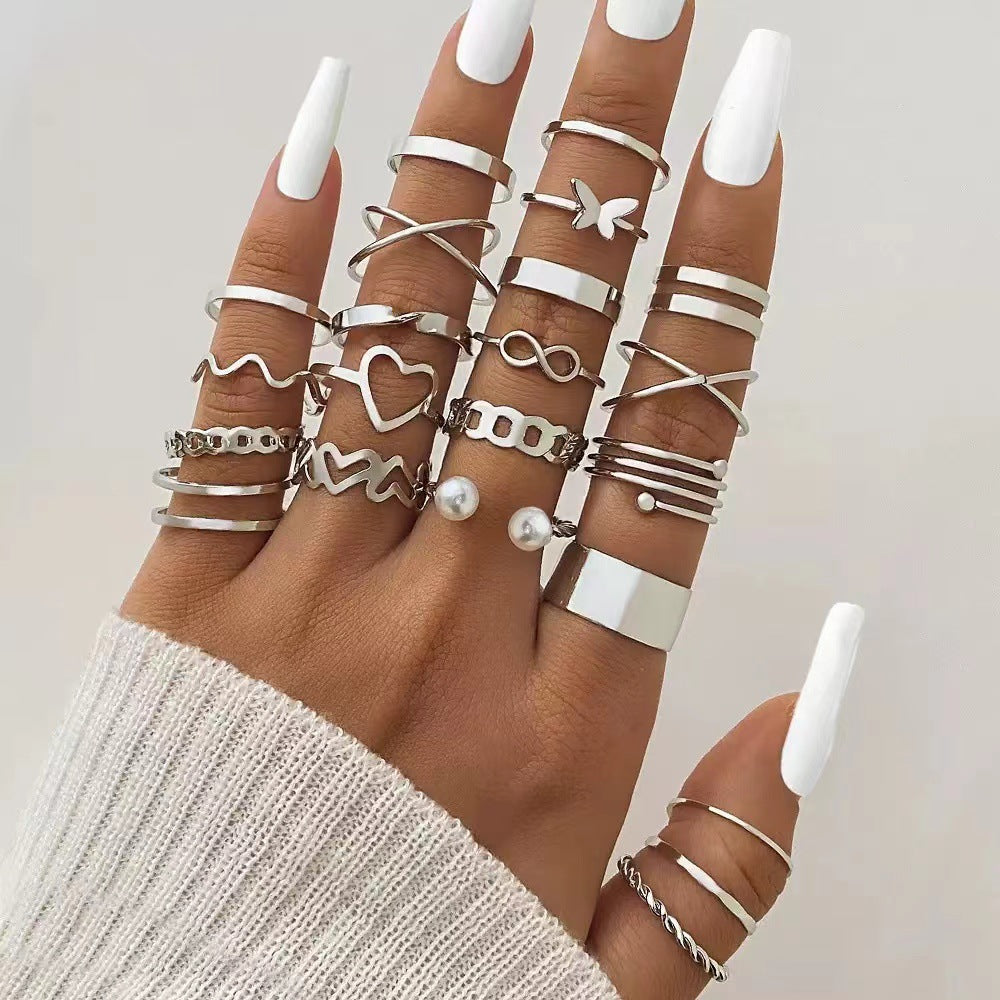 Wholesale Gold Zinc Alloy Geometric Hollow Heart Ring Set 22 Pieces Adjustable Women S Fashion Jewelry