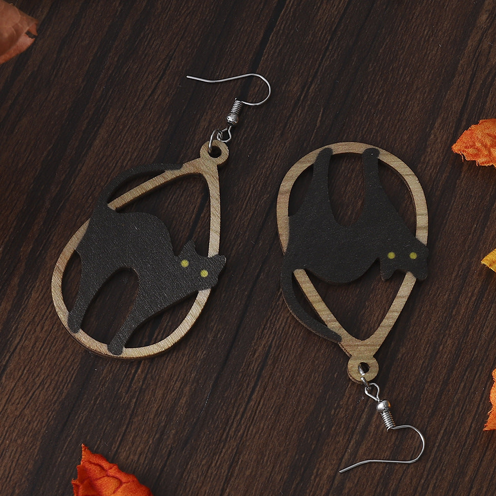Wholesale   Black Cat Hollow Drop-Shaped Pendant Earrings