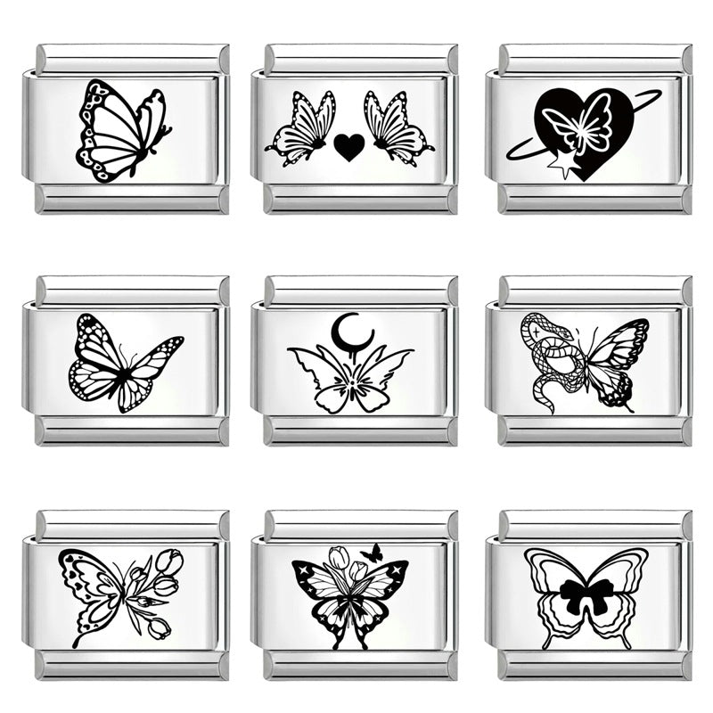 Wholesale Italian Charm Bracelet 9mm DIY Splicing Black and White Lettering Butterfly Titanium Steel Composable Bracelet