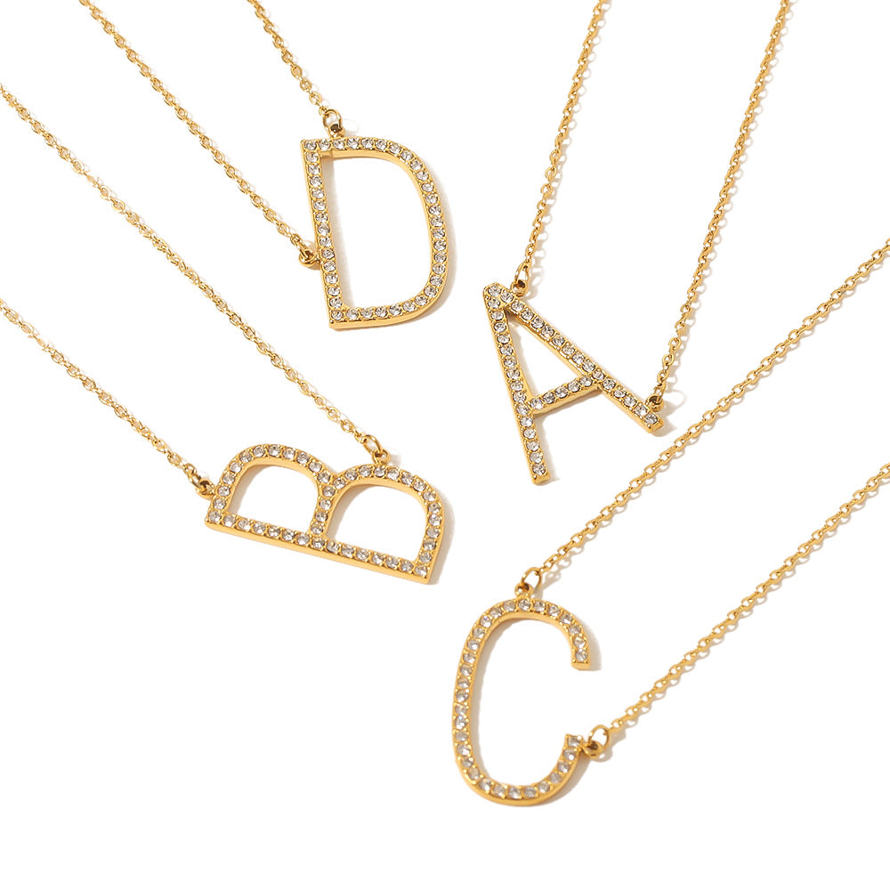 Wholesale Stainless steel letter pendant necklace diamond plated 18K gold  necklace