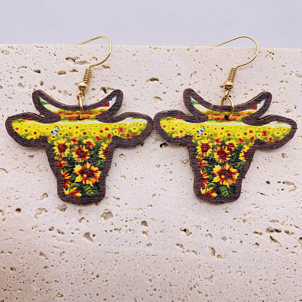 Wholesale Retro Wooden Western Bull Skull  Sunflower and Bohemian-Style Earrings