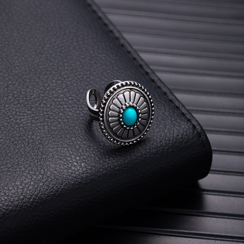 Wholesale Retro Bohemian Silver Flower Imitation Turquoise Ring - Fashion Accessory for Boutique Resale