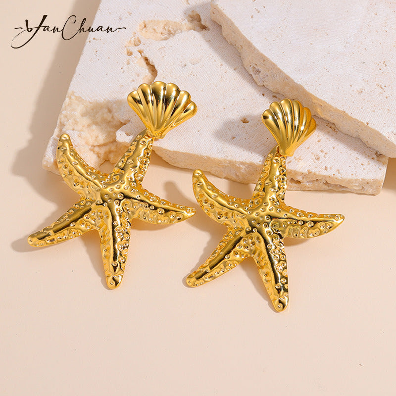 Wholesale Bohemian Style Marine Element Earrings 18K Gold Plated Starfish Stainless Steel Earrings ACC-ES-yanc001