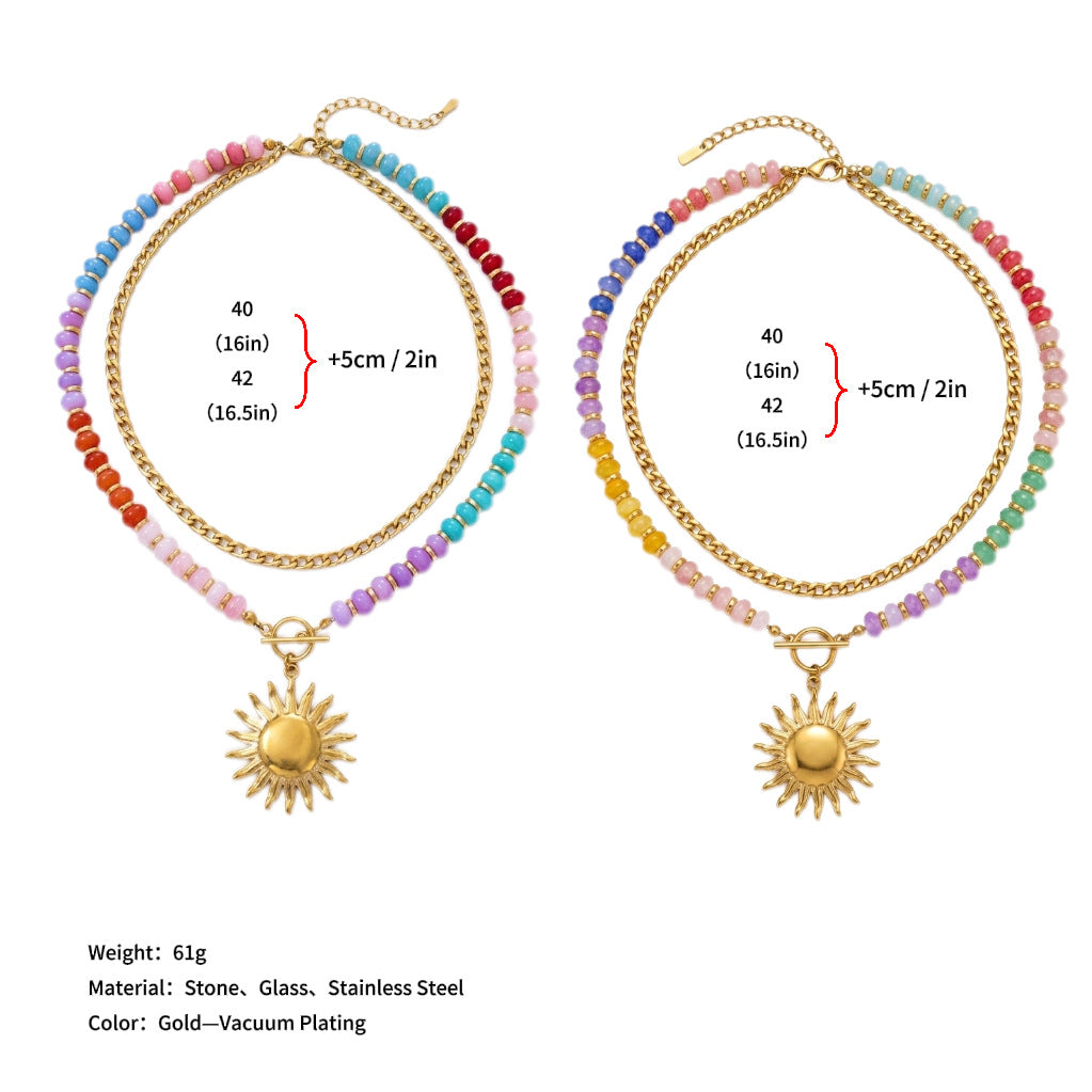 Wholesale Rainbow Layered Beaded Necklace Heart Pendant Natural Stone Titanium Steel Chain For Women Boutique Resale