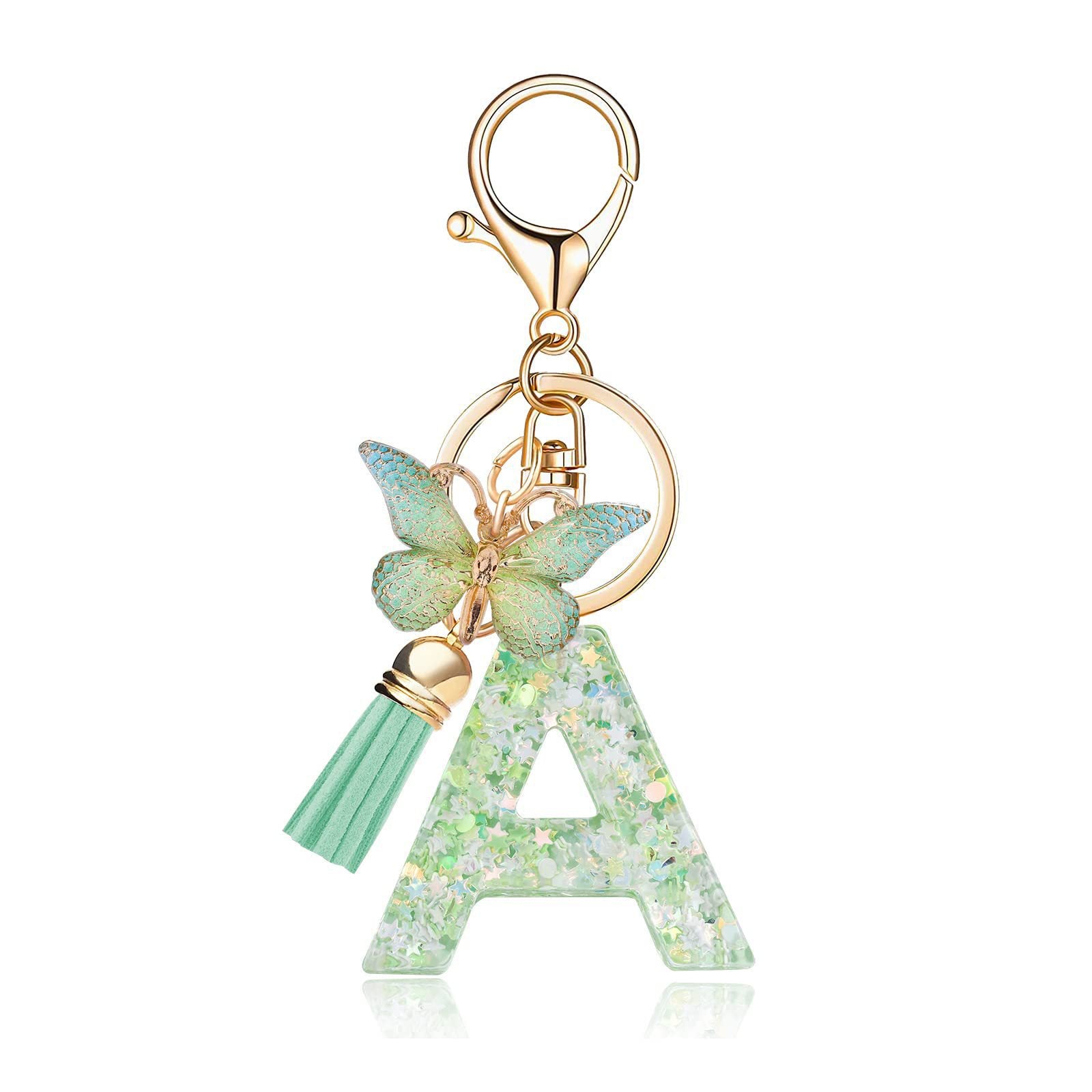 Wholesale 26 letter keychain green butterfly glue keychain