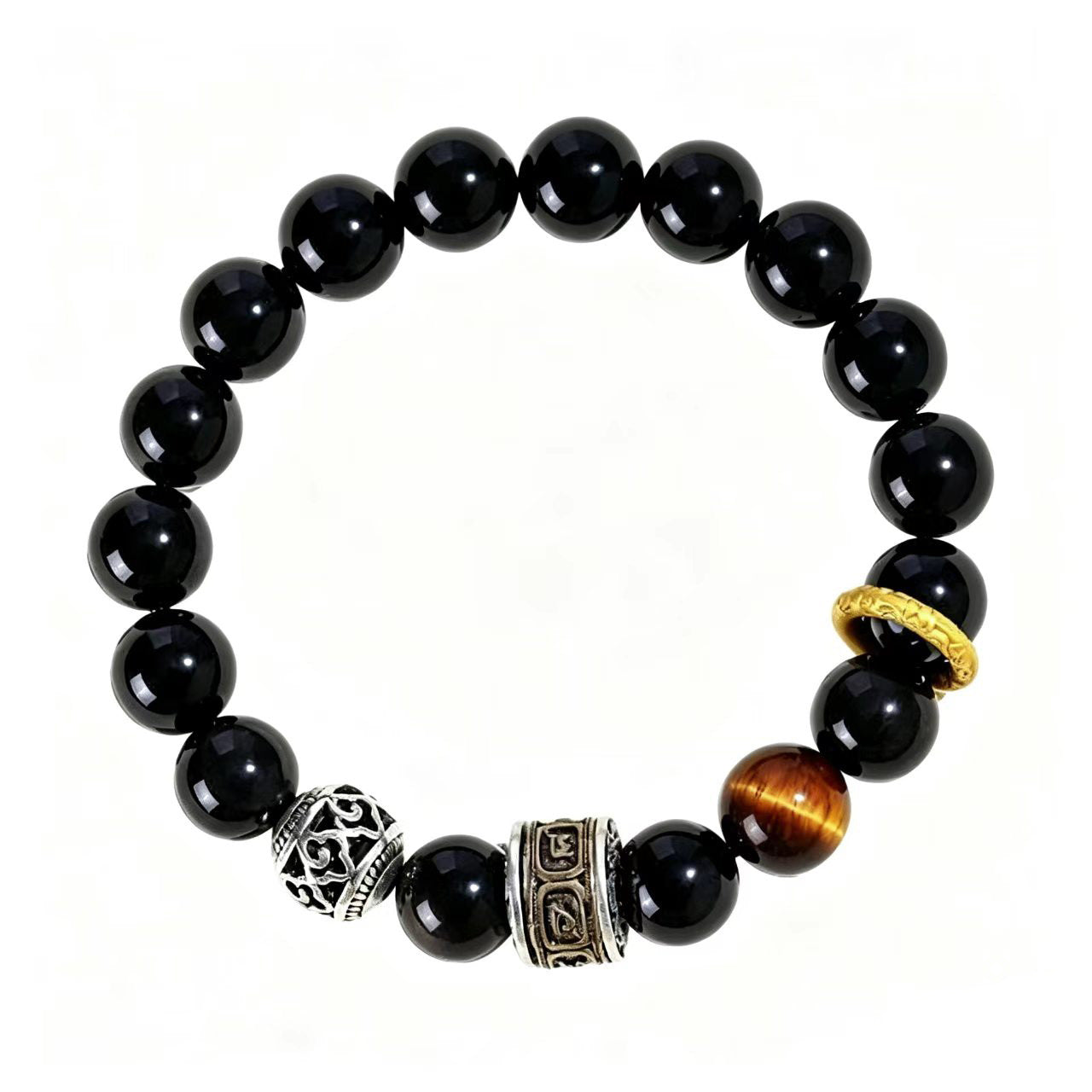 Wholesale 10Mm Silver Obsidian Tiger Eye Stone Bead Bracelet Retro Mantra Cylinder Design Stylish Unisex Jewelry Accessory For Gift Resale