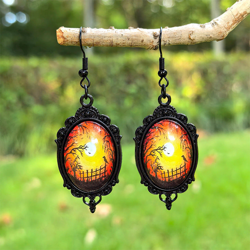Wholesale Halloween Black Crow Time Gemstone Pendant Earrings