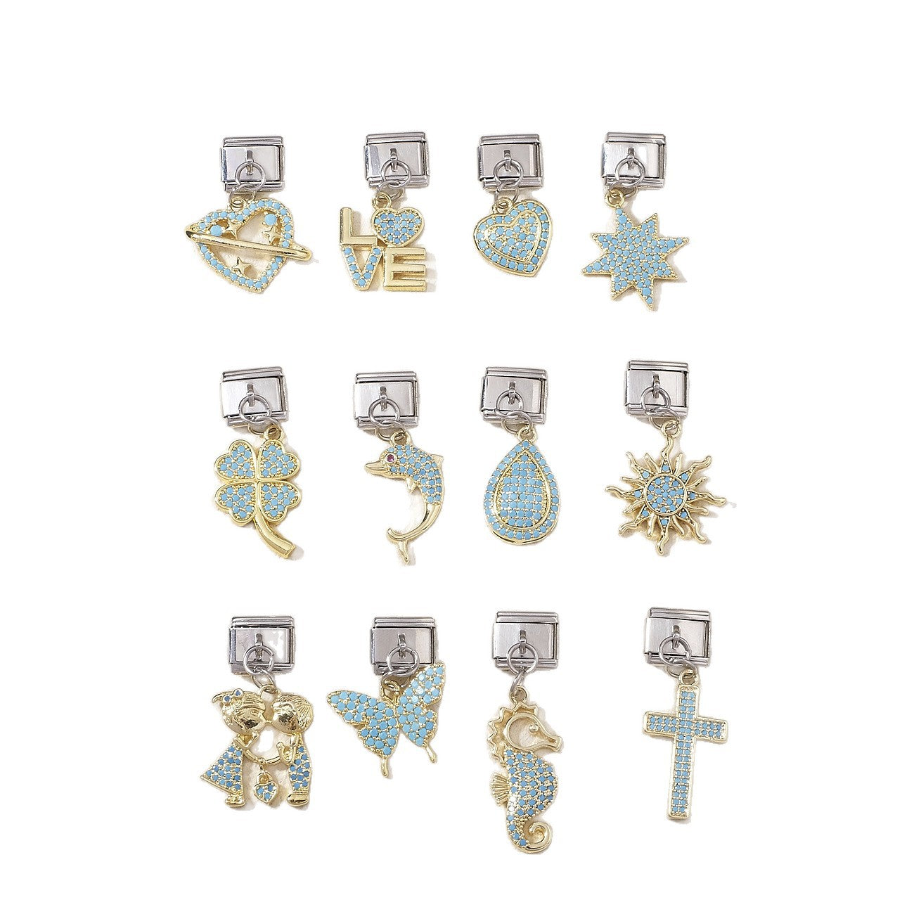 Wholesale Stainless Steel Electroplated Light Blue Heart Sun Seahorse Charm Bracelet DIY Fashion Accessory Gift