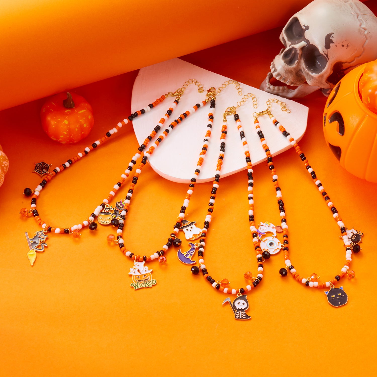 Wholesale Halloween Jewelry Pumpkin  Ghost Spider Pendant Handmade Rice Beads Necklace
