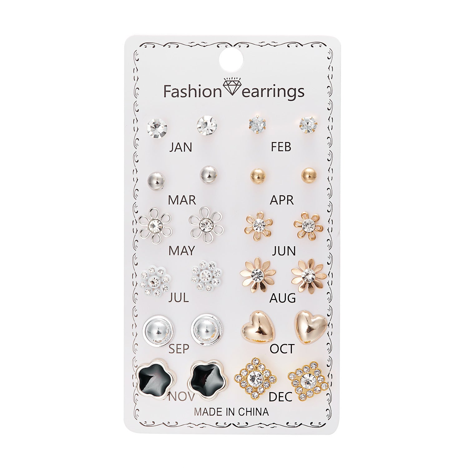 Wholesale 12 Pairs of Flower-encrusted Diamond Combination Clip-on Earrings Set Ear Studs ACC-ES-Chuya001