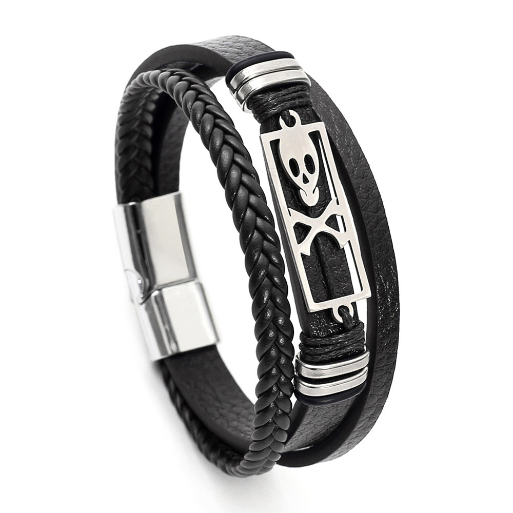 Wholesale Woven Faux Leather Skull Buckle Bracelet Trendy Punk Men S Fashion Accessory