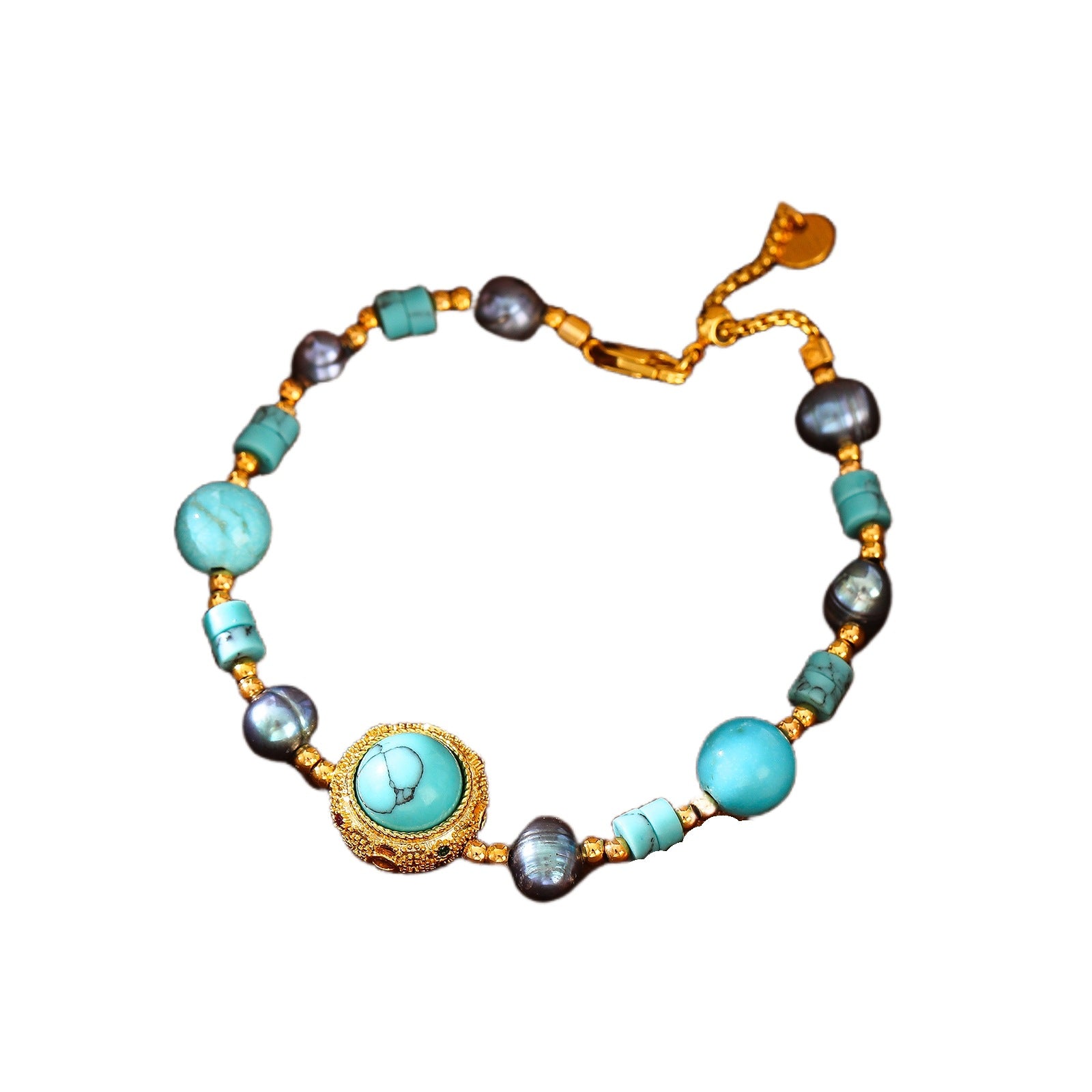 Wholesale Copper Electroplated Turquoise Rose Pearl Beaded Necklace and Bracelet Set,  Ethnic Style Fashion Accessory for Women