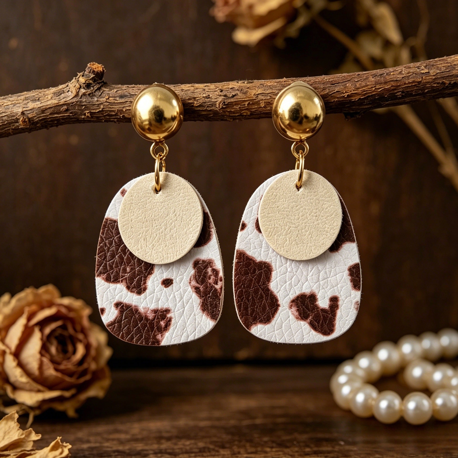 Wholesale American Western Cow Pattern Leather Earrings,   Double-Layered,  Boutique Fashion Accessory