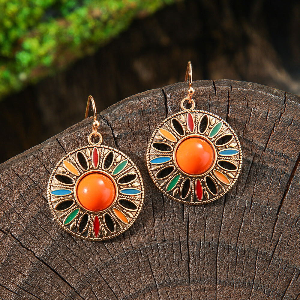 Wholesale Alloy Bohemian Round Pendant Oil Drop Earrings Trendy Jewelry Accessory