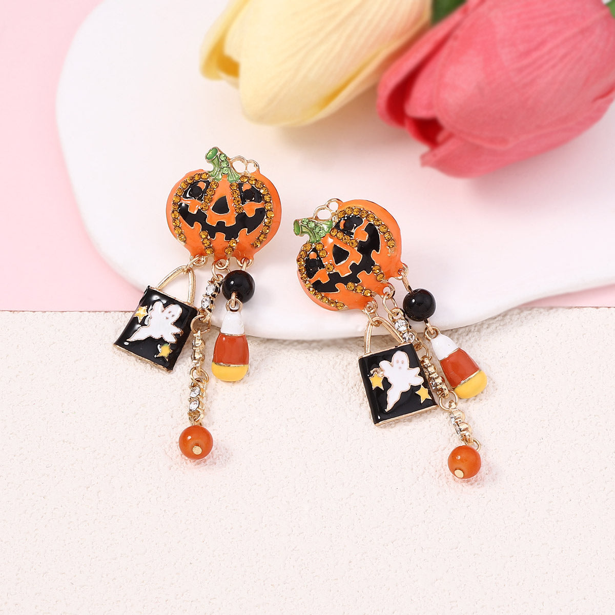 Wholesale  Drop Oil Funny Zircon Pumpkin Skull Tassel  Earrings