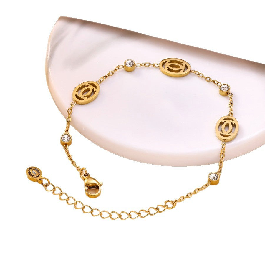Wholesale Oval Letter Charm Stainless Steel Bracelet with Rhinestones Boutique Jewelry Accessory