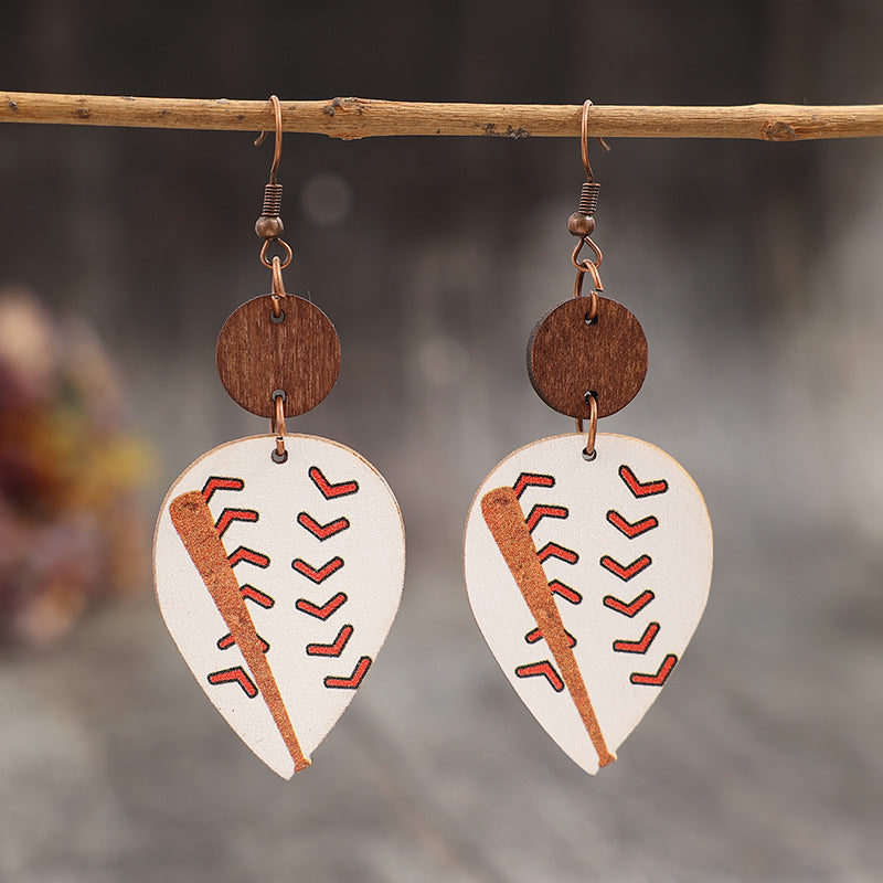 Wholesale Sports style teardrop-shaped printed baseball stitching wooden earrings