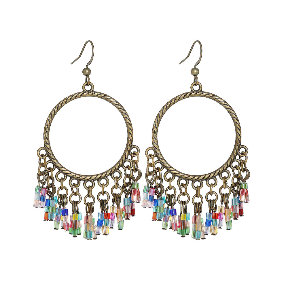 Wholesale Bohemian Handmade Beaded Tassel Earrings Alloy Colorful Rice Beads Fashion Accessory