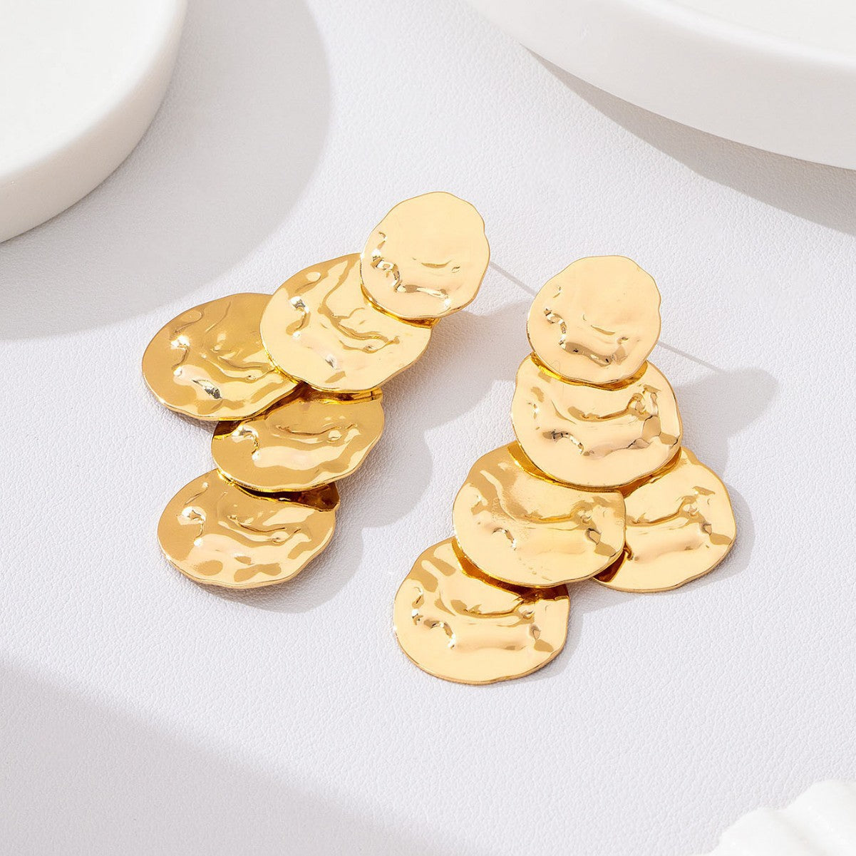 Wholesale Trendy Gold Tone Hammered Round Disc Drop Earrings Long Statement Earrings For Everyday Wear And Boutique Resale