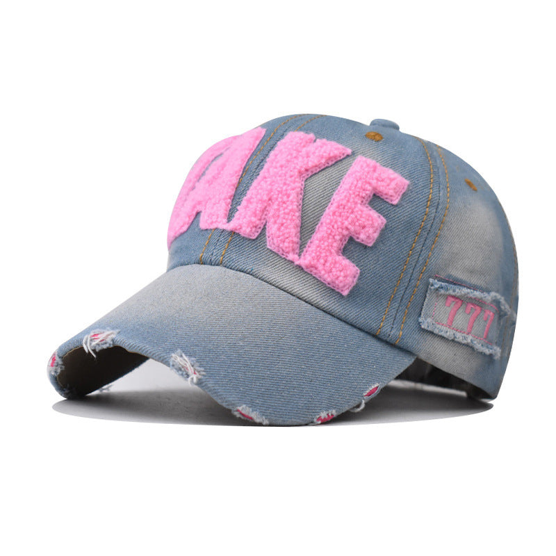 Wholesale Trendy Embroidered Washed Denim Baseball Cap Adjustable Wine Red Unisex