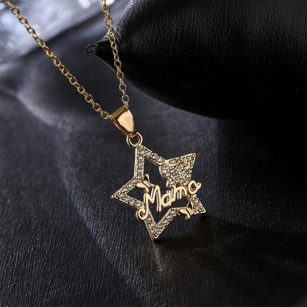 Wholesale Mother's Day Copper Plated 18K Gold Zircon Star Moon MAMA Pendant Necklace ACC-NE-AG005