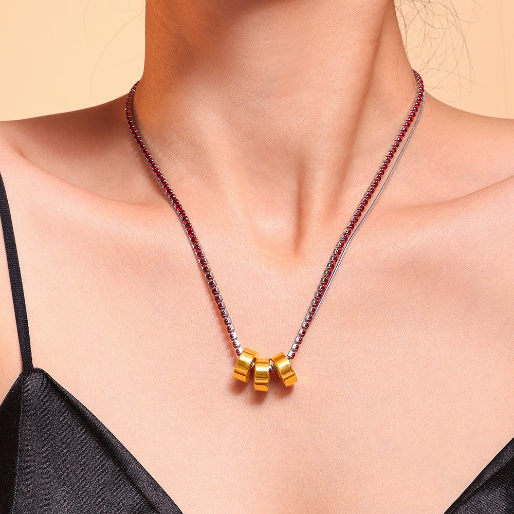 Wholesale Titanium Steel  3mm Claw Diamond Colorful Zircon Inter-Electric 3-Ring Clavicle Necklace