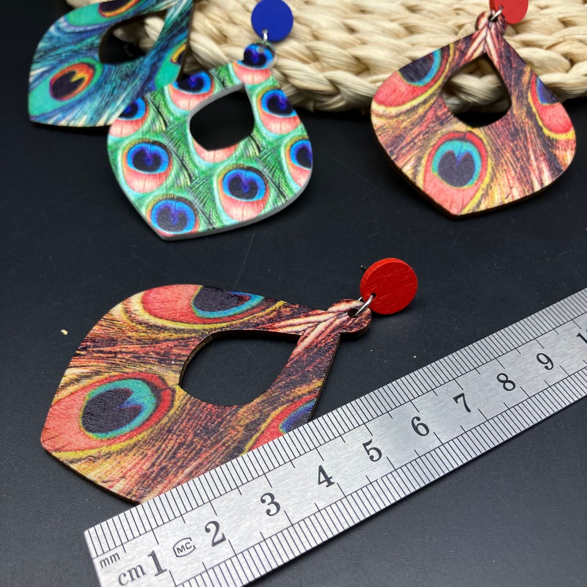 Wholesale Boho Retro Ethnic Style Peacock Feather Wooden Earrings ACC-ES-FX013