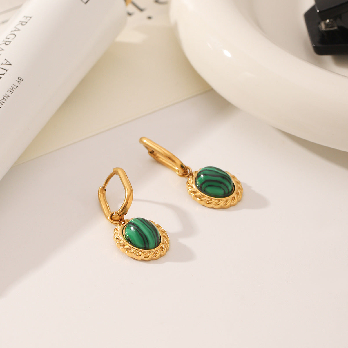 Wholesale  Stainless Steel Ring Ear Buckle Earrings Malachite Earrings