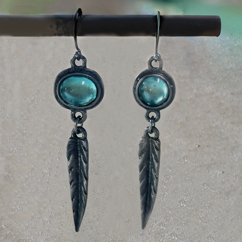 Wholesale Retro blue stone feather pendant earrings