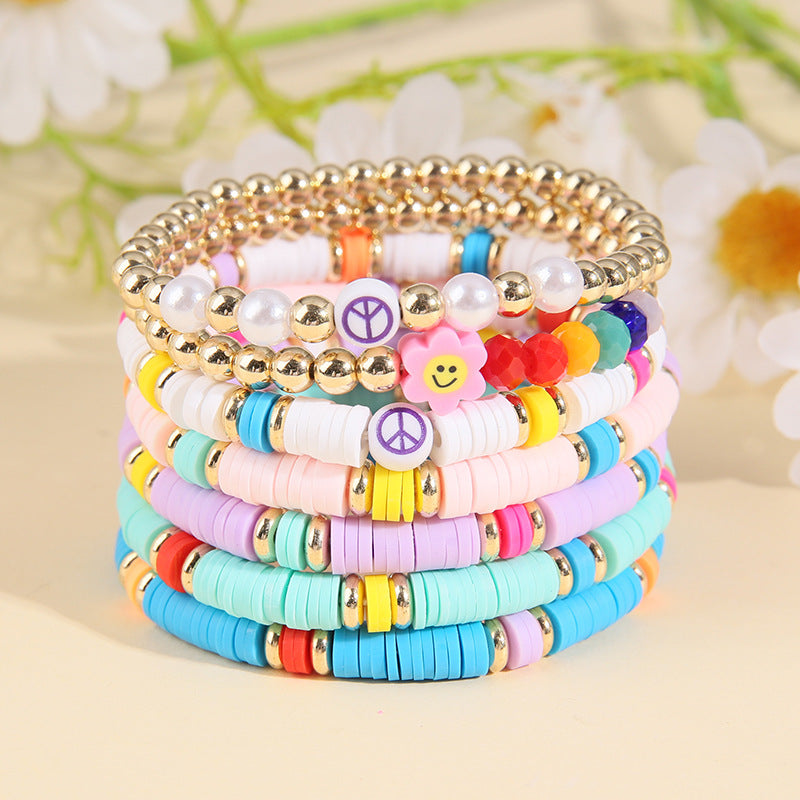 Wholesale Bohemian Style Retro Stretch Line Love Smiley Polymer Clay Bracelet Set ACC-BT-Zhey002