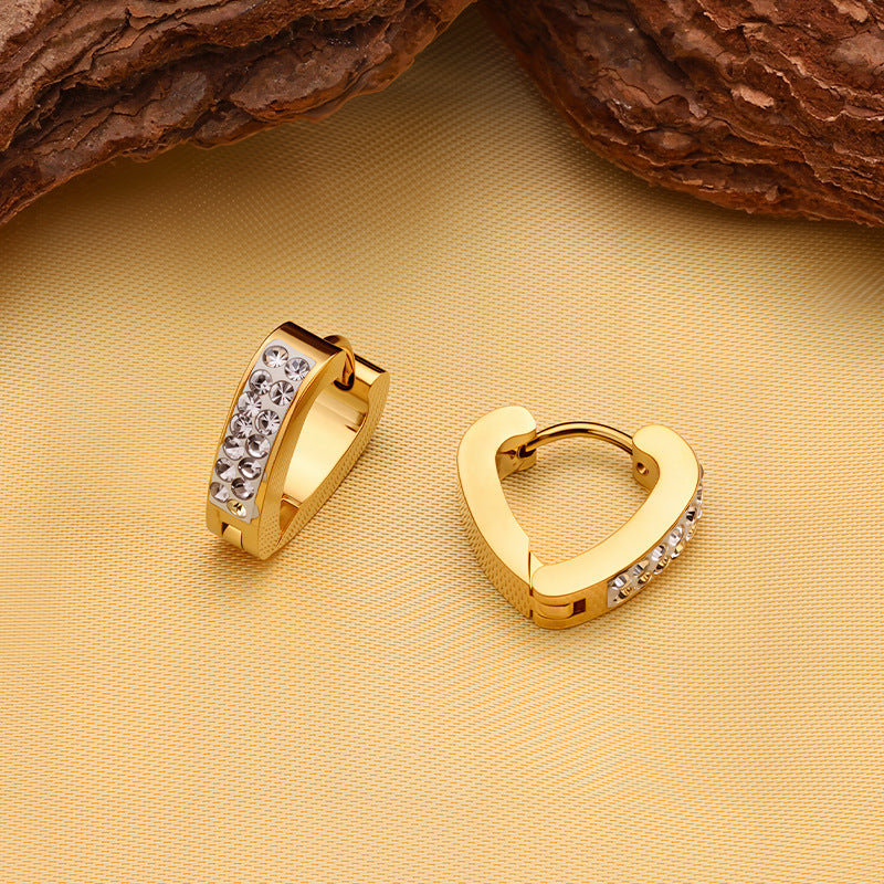 Wholesale Stainless Steel Double Row Diamond Love Earrings Bone Buckle - Jewelry Accessory