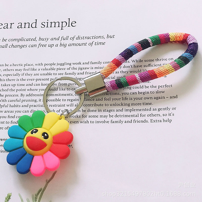 Wholesale cute double-sided colorful rainbow sunflower smiley face wristlet keychain