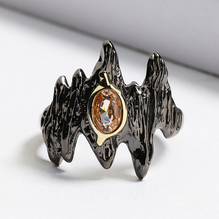 Wholesale  Retro Set Amber Zircon Ring Necklace Earrings Creative Black Gold Irregular Branch Jewelry Set