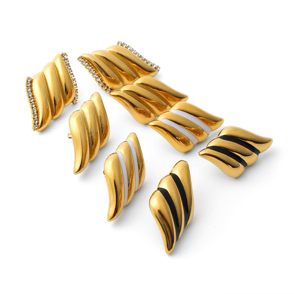 Wholesale Geometric Angel Wings White Black Oil Drop Edged Zircon Earrings Stainless Steel Earrings ACC-ES-ChengBing001