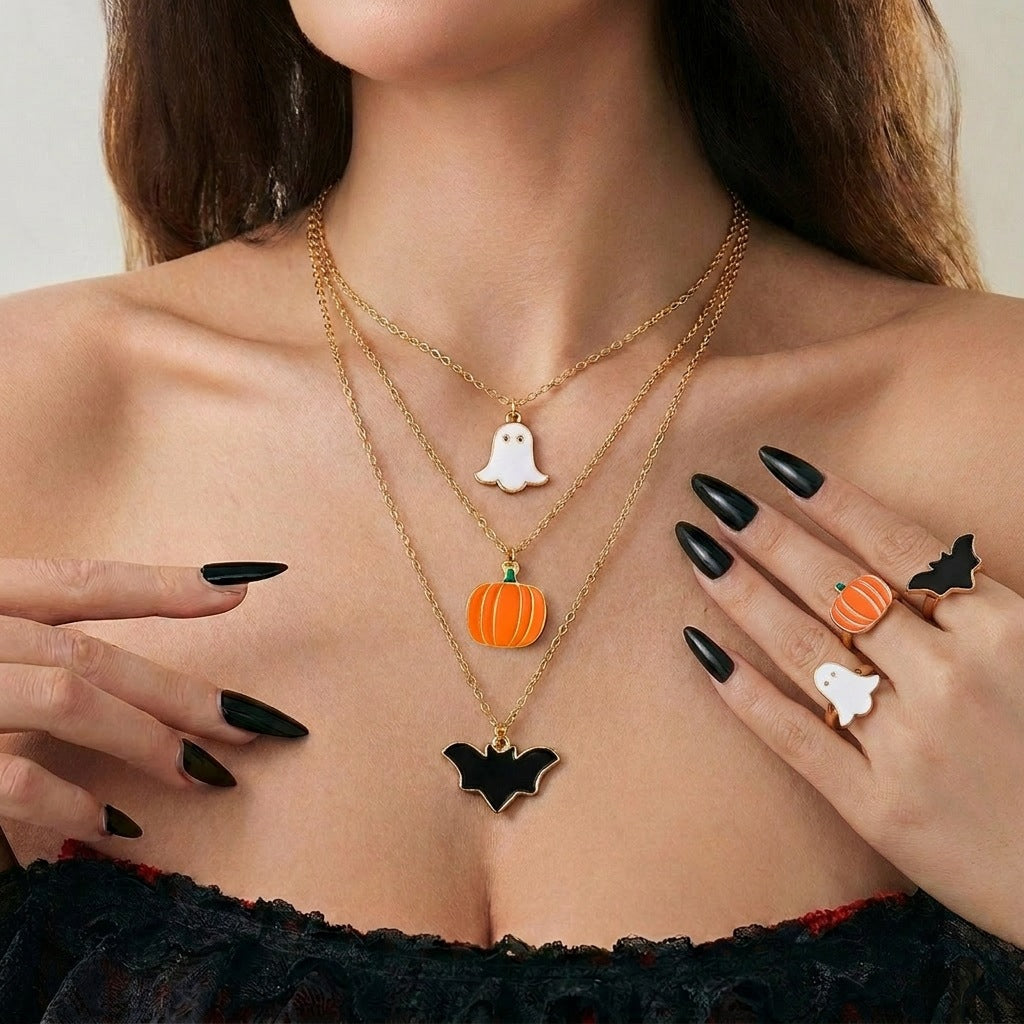 Wholesale Trendy  Pumpkin Ghost Necklace for Women,  Dark Gothic Bat Party Fashion Accessory