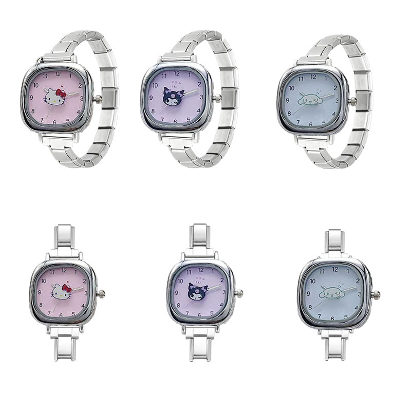 Wholesale Waterproof Square Quartz Watch with Stainless Steel Band and Cartoon Cat Design,  Everyday Fashion Accessory for Students