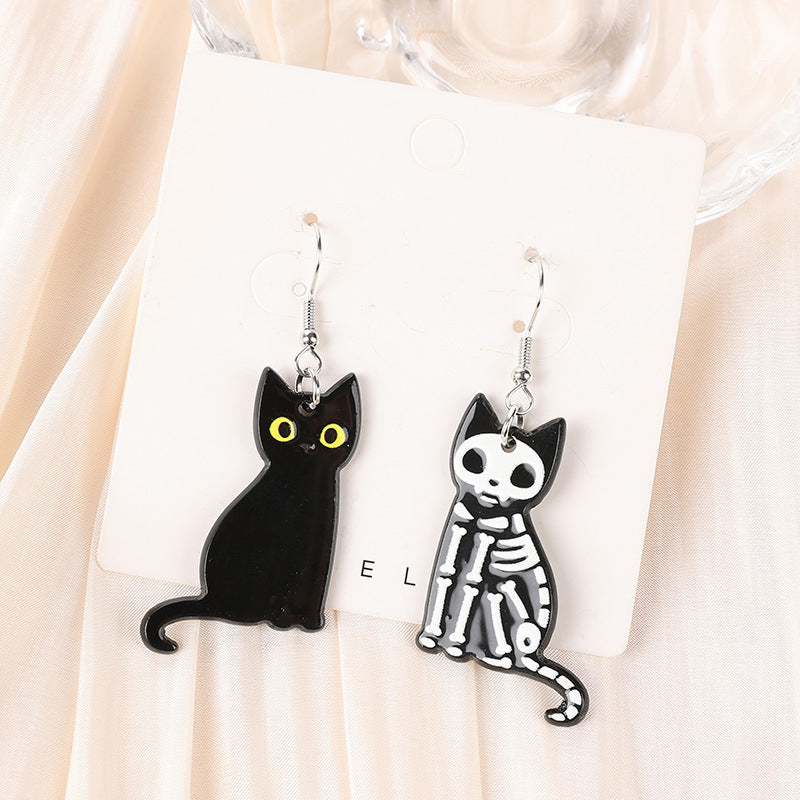 Wholesale double-sided acrylic skull black and white cat earrings