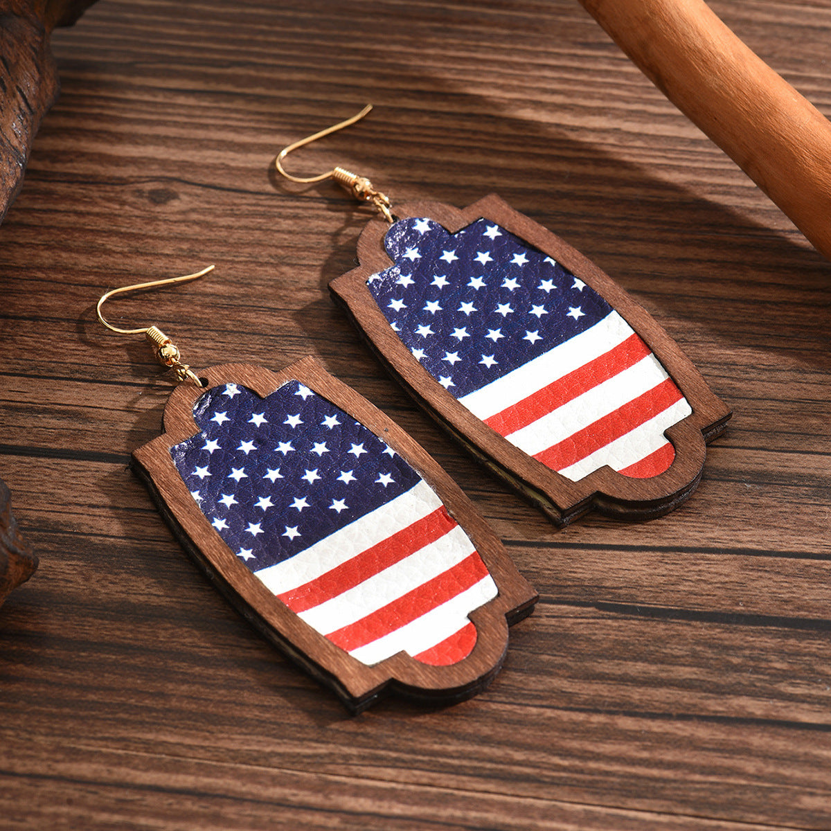 Wholesale American Independence Day Star Leather Pebbled Wooden Earrings ACC-ES-MT005